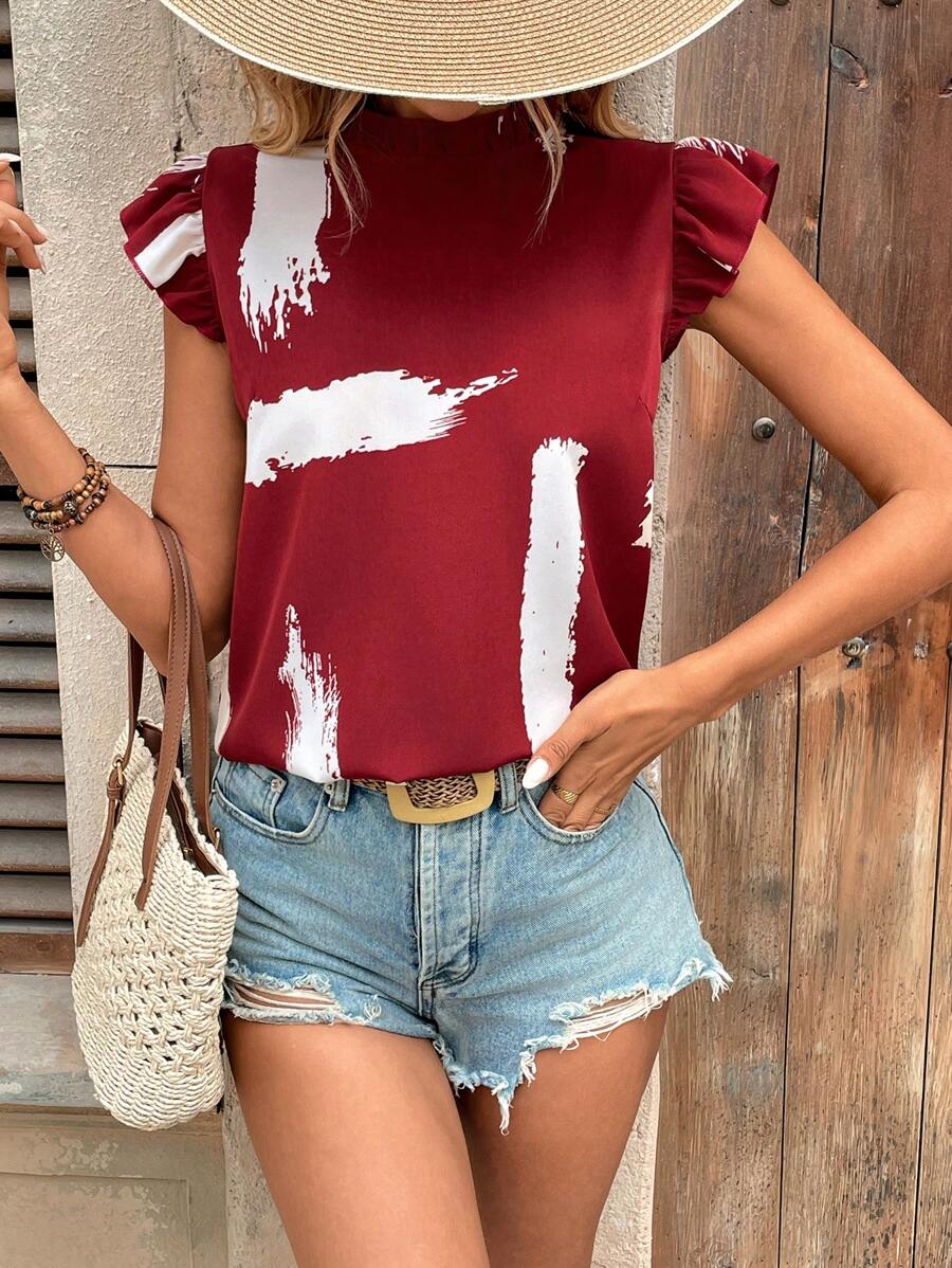 SHEIN LUNE Damen lässige, locker sitzende Bluse mit Pinselstrich-Muster und Flügelärmel