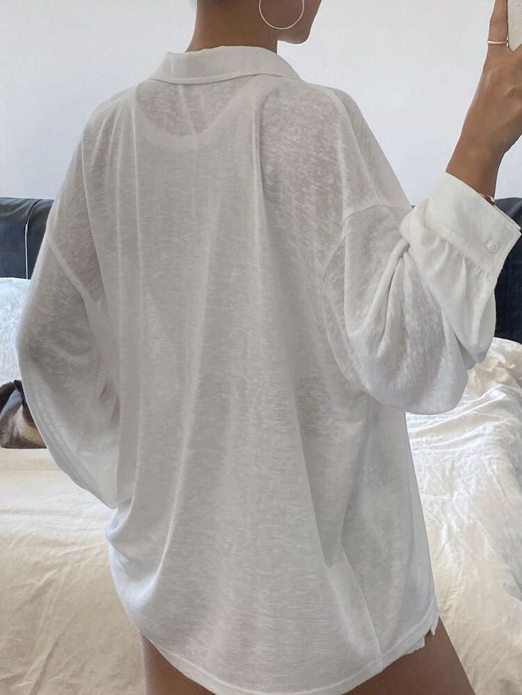 Loose Fit Solid Color Polo Neck Long Sleeve Sheer Casual Summer T-Shirt For Women Preppy Tops