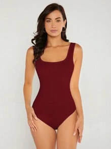 SHEIN BASICS 1件女款純色極簡基本款保守性感休閒日常連身衣 夏季女裝 日常白天穿搭 酒紅色 辦公室穿搭 - 酒紅色 - 查看 4