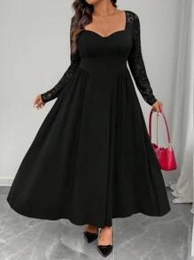 SHEIN Frenchy Plus Size Solid Color Maxi Dresses For Women Modest Dresses Black Dress Sweetheart Collar Lace Patchwork Long Sleeve Casual Dress