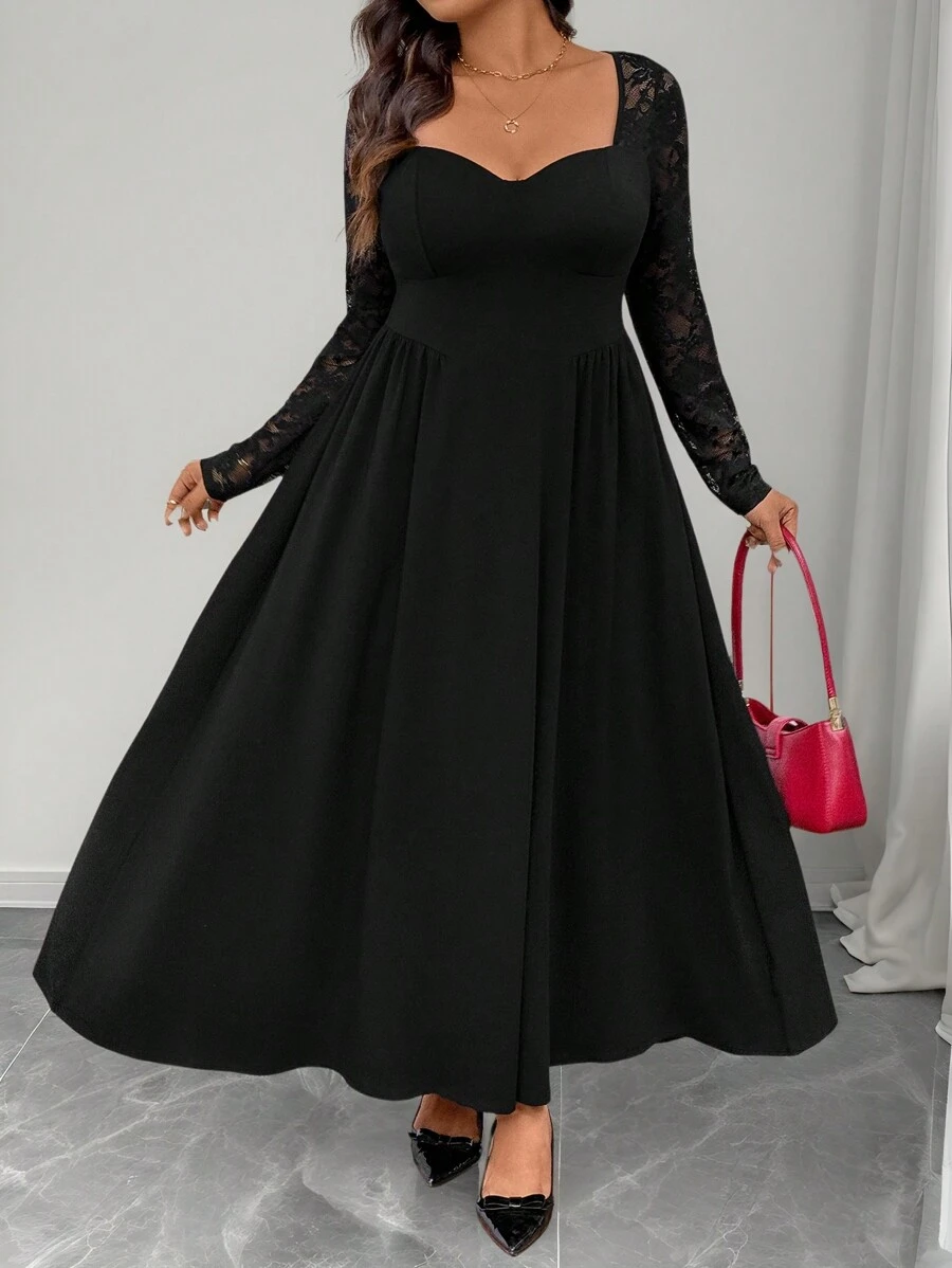 SHEIN Frenchy Plus Size Solid Color Maxi Dresses For Women Modest Dresses Black Dress Sweetheart Collar Lace Patchwork Long Sleeve Casual Dress