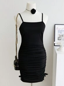 Lunivi Mädchen im Teenager-Alter Gestricktes figurnahes Kleid mit gerüschtem Träger und Seitenschleife, lässig süßer Allround-Stil Kleider für Mädchen