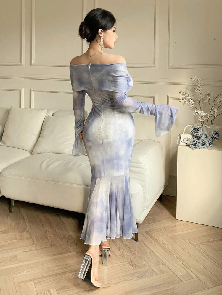 Women's Off Shoulder Floral Print Flared Sleeve Mermaid Dress Elegant,Ruffle,Fall Dress Long Sleeve Dress