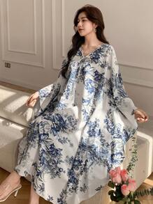 DAZY 女士全身印花宽松中长连衣裙，秋季长袖连衣裙，度假装扮，女士复活节长款连衣裙 - 藍色 - 查看 7