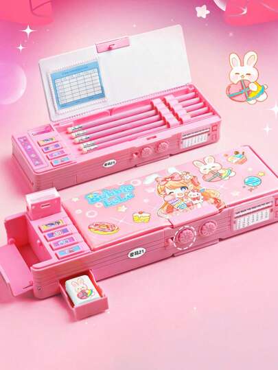 1pc Cartoon Stationery Box Large Capacity Pencil Case With Password Lock For Student Girls Back To School,Back To School,School Supplies