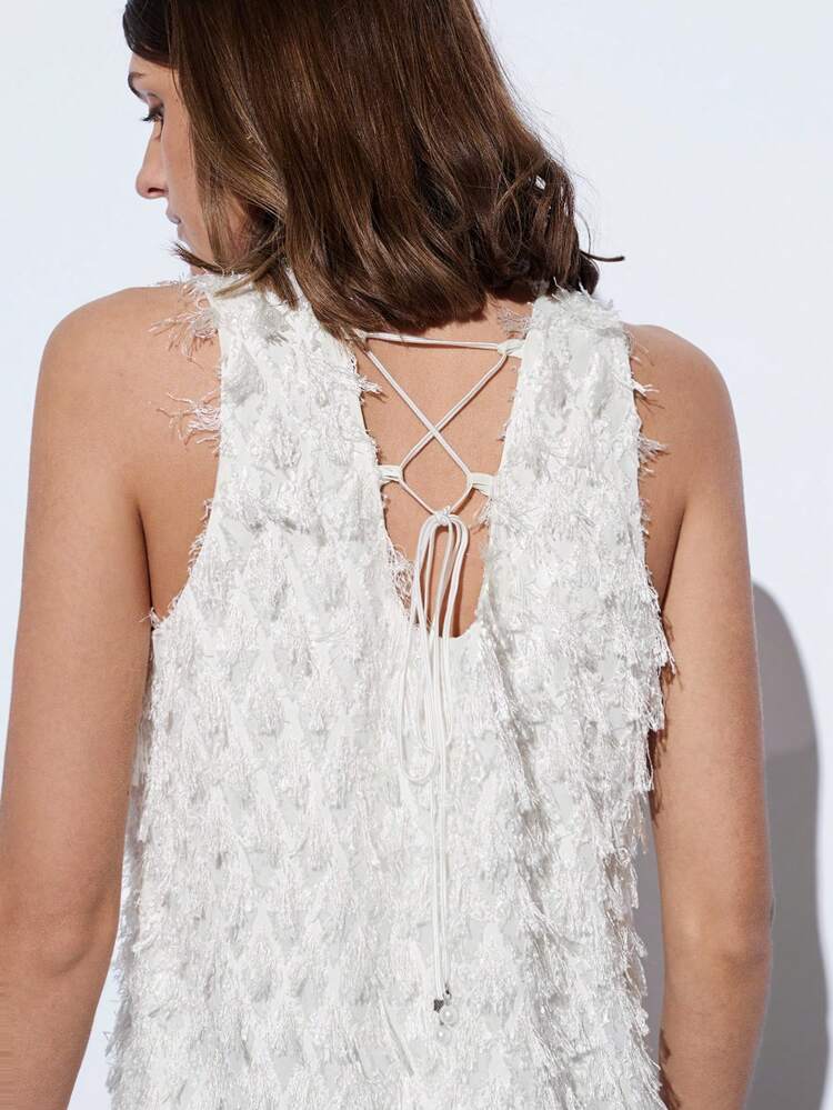 SHEIN Maija Blusa de mujer con textura de flecos tejidos de estilo vacacional chic primavera/verano, blanca, informal y romántica, adecuada para salidas, reuniones, bodas, estilo de invitada, Día de San Valentín