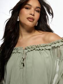 MISSGUIDED PLUS Off Shoulder Ruffle Sage Mini Dress Chiffon Sheer Long Sleeve Boho Summer Party Wedding Guest Flowy Beach Resort Vacation Evening - Green - View 5