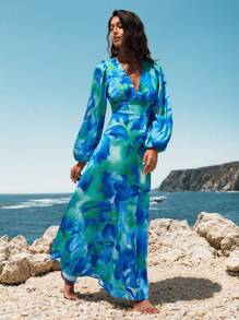 Opulessa Summer Vacation Outfits Woman BeachWomen's Woven Maxi V-Neck Long Sleeve Dress - Blue - View 6