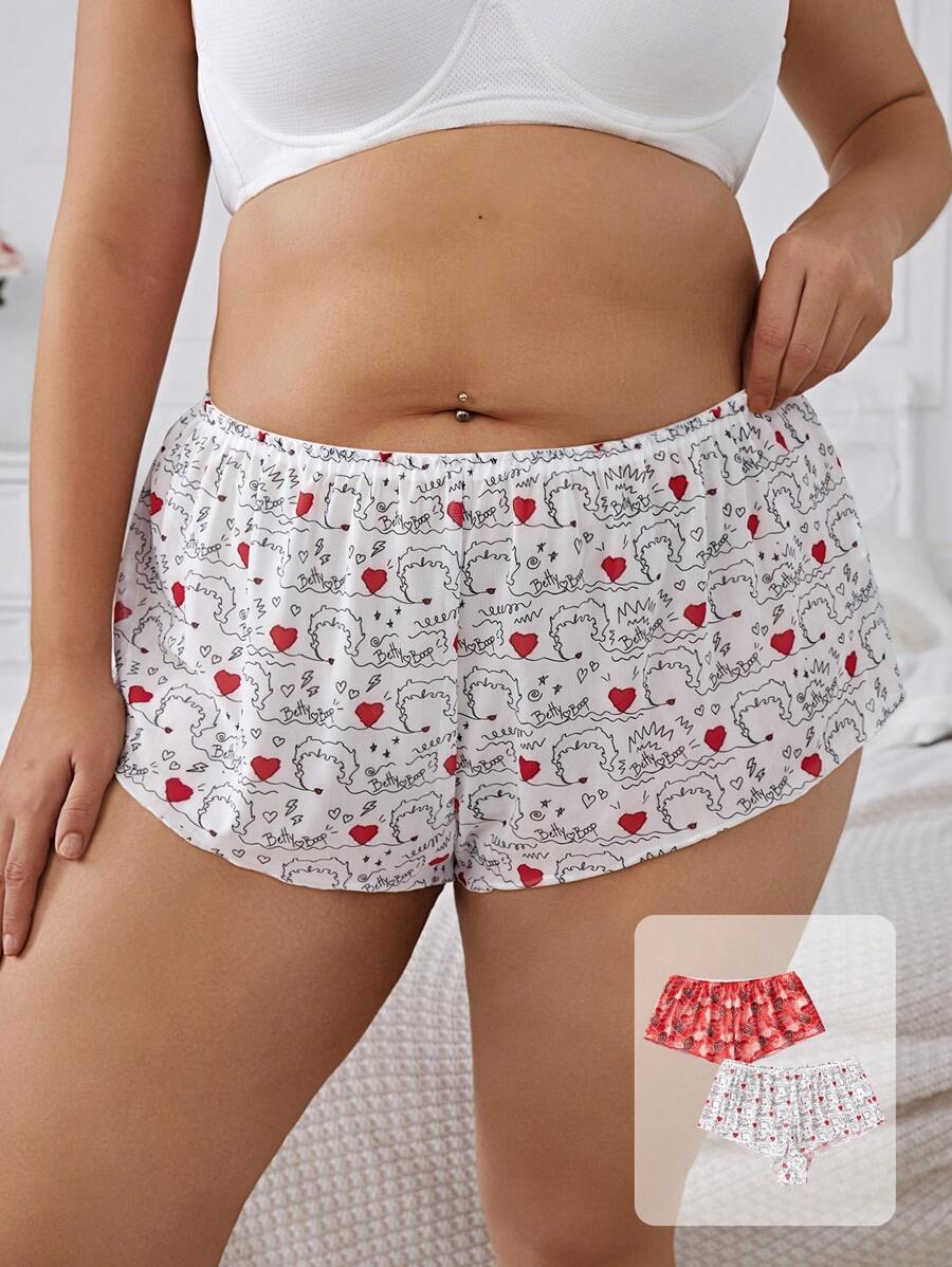 Betty Boop x SHEIN 2pcs/Pack Cute Heart Print Comfortable Plus Size Casual Panties,Red & White - Red and White - View 1