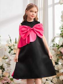 SHEIN Vestido elegante de fiesta para niñas preadolescentes con bloqueo de color, lazo y volantes en el dobladillo - Multicolor - Ver 4