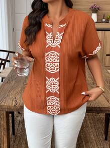 SHEIN Clasi Plus Size Women Casual Floral Embroidered Collar & Cuff Design Blouse - Redwood - View 5