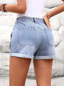 SHEIN LUNE Women's Simple Front Button Pocket Denim Shorts, Casual Daily Wear