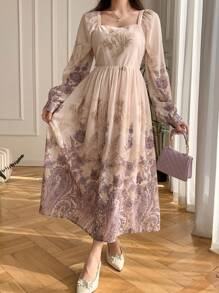 DAZY 女士碎花方领灯笼袖中长款度假连衣裙，秋季长袖连衣裙，复活节 - 紫色 - 查看 3