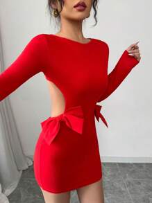 SHEIN Unity 女士性感紧身度假迷你连衣裙，带蝴蝶结细节，红色 - 紅色 - 查看 5