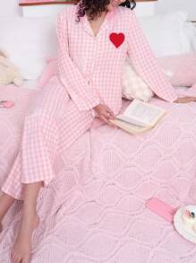 SweetSlumber Conjunto de pijama para mujer de 2 piezas a cuadros rosa y blanco con corazones