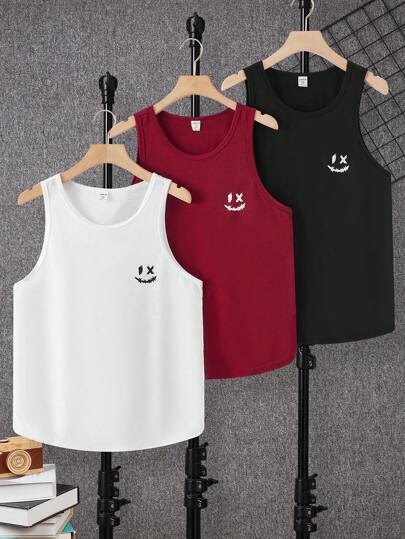 SHEIN Leap Crew 3pcs/Set Teen Boy Casual Sleeveless Cute Tank Top, Buy 2 Get 1 Free, Sporty Street Punk Rock School Casual, Suitable For Spring & Summer, Available In Red, Black, White