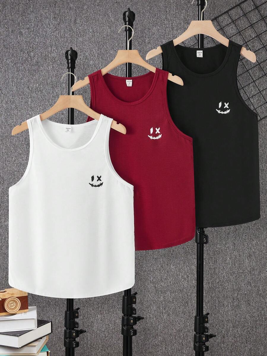 SHEIN 3pcs/Set Teen Boy Casual Sleeveless Cute Tank Top, Buy 2 Get 1 Free, Sporty Street Punk Rock School Casual Outfit, Suitable For Spring & Summer, Available In Red, Black, White