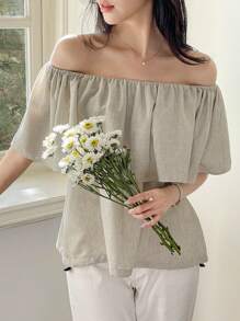 DAZY Blusa de mujer con diseño de hombros descubiertos, volantes, top de hombros descubiertos, top de estilo babydoll - Gris - Ver 5