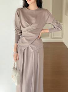 DAZY 2pcs/Set Women Asymmetric Gathered Top & Knit Skirt Suit,Fall Clothes - Brown - View 2
