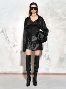 SHEIN LUNE Women's Stylish Design Cinched Waist Avant-Garde Sexy Texture Satin Collar Long Sleeve Shirt Fall Cloth For Women - Black - View 3