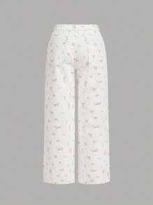SHEIN MOD Women's Plus Size White Jeans Ditsy Floral Trousers Ditsy Floral Wide-Leg Pants Summer Pants Fresh Pastoral Style