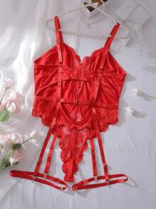 SHEIN 3pcs Curvy Floral Lace Satin Deep V-Neck Hollow Plus Size Sexy Lingerie, Red - Red - View 5
