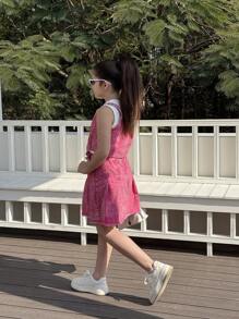Tween Girls 时尚水洗牛仔背心，松紧腰身，拉链门襟和磨损下摆，搭配褶皱迷你裙 - 粉色 - 查看 8