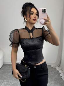 Elenzga French Elegant Button Down Mesh Cutout Jacquard Satin Puff Sleeve Blouse For Women