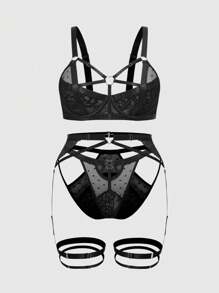 ROMWE 3pcs/Set Goth Lace Underwire Bra, G-String And Garter Belt Sexy Lingerie Set - Black - View 1