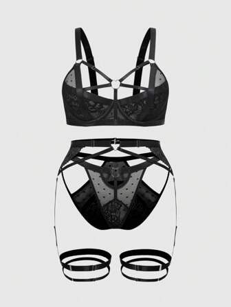Goth Set de 3 piezas de lencería sexy que incluye sujetador con aros, tanga y liguero de encaje estilo gótico