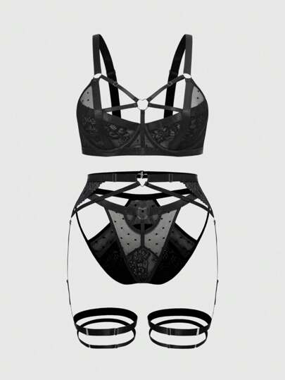 Goth 3pcs/Set Goth Lace Underwire Bra, G-String And Garter Belt Sexy Lingerie Set