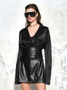 SHEIN LUNE Women's Stylish Design Cinched Waist Avant-Garde Sexy Texture Satin Collar Long Sleeve Shirt Fall Cloth For Women - Black - View 7