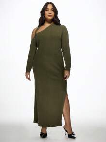 MISSGUIDED PLUS 大码不对称单肩长款连衣裙，罗纹针织，长袖，适合秋冬季节假日派对晚宴，优雅侧开衩 - 軍綠色 - 查看 5