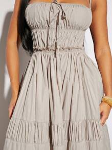 SHEIN SXY Sundress;Beach;Spring Summer Vacation Wedding Valentine's Day Women's Elegant Western Style Clothing Gray Khaki Imitation Linen Fabric Large Halter Halter Fold Design A Swing Long Dress,Summer Dresses For Women,Tea Party Dress - Apricot - View 7