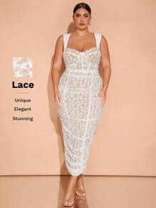 SHEIN BAE 大码女装秋季服装：白色网眼紧身胸衣上衣，带褶皱透视细节，裸色紧身连衣裙，适合单身女士，中长款/派对/返校节 - 白色 - 查看 9