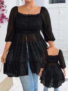 Elenzga Plus Size Mid-Length Chiffon Sheer Sunscreen Black Blouse - Black - View 1