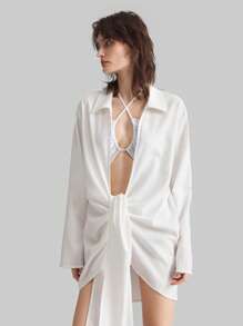 Ontre 2025 New Spring Women's Bohemian Style Cover Up, White Linen Shirt Collar Long Flare Sleeve Tie Front Beach Cover-Up, Casual Tie-Up Design, Old Currency Pattern - White - View 6