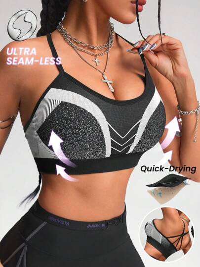 Innovista Women Activewear Seamless Sports Spaghetti Strap Bra, High Elastic Push Up & Support Sport Wear, Workout Sports Gym Top,  Breathable & Dry Fit Dynamic Print Workout Offits, Fitness, Outdoor, Cycle, Running, Strength, Cardio, Yoga, Party, Festival, Versatile.Tank, Vest.Black, Spring, Underwear, Base Layer