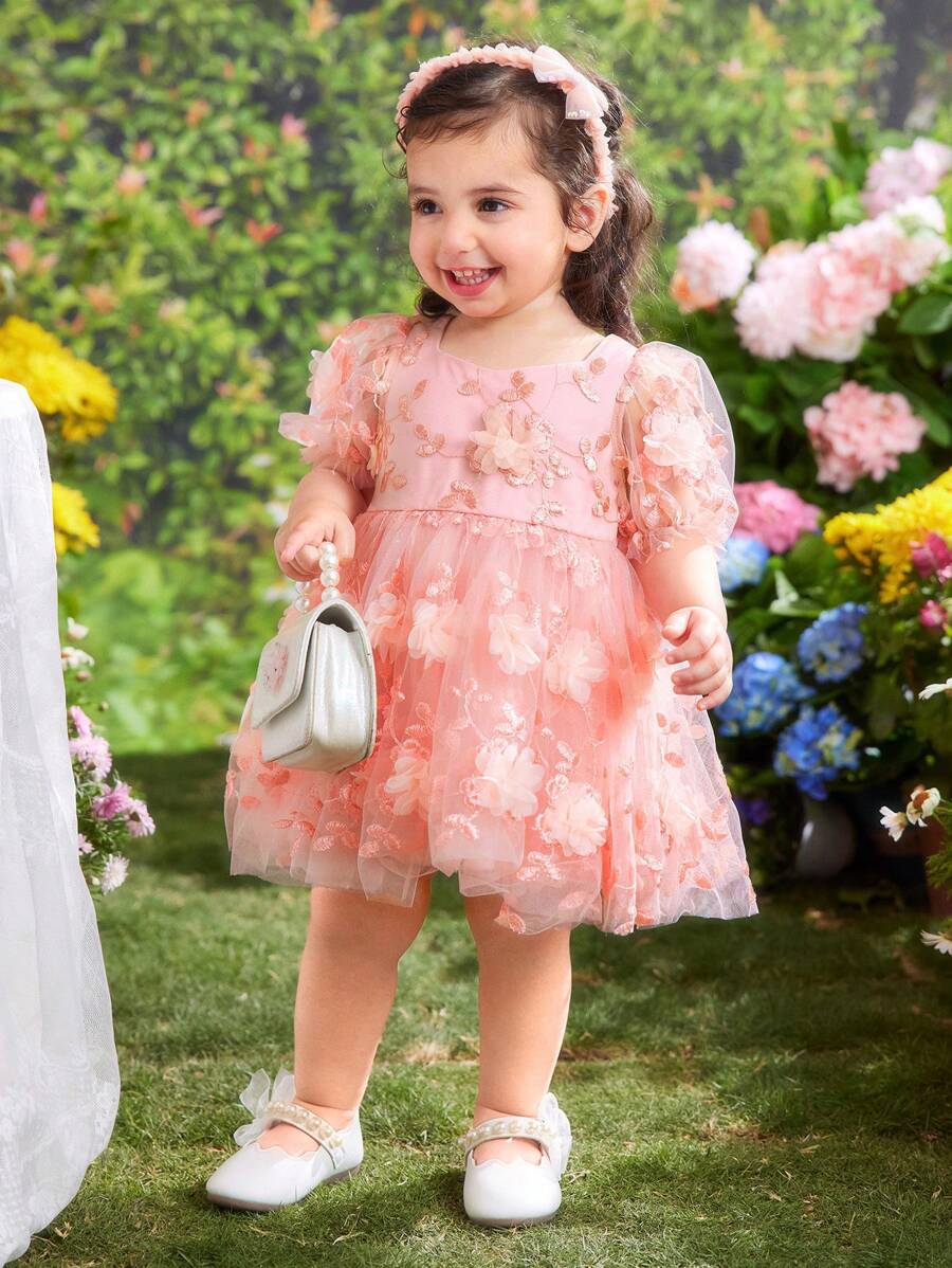 Fern Glow  Babygirl Lovely & Elegant Pink Floral Mesh Summer Dress - Pink - View 1