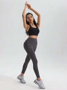 SHEIN Solid Color Casual Sports Leggings, Minimalist & Fashionable For Everyday Wear - Dark Grey - View 3