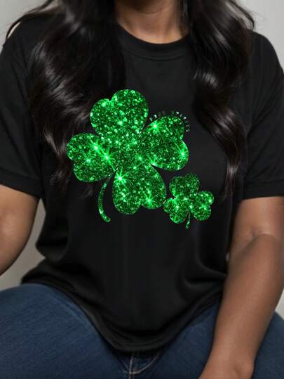 Slaydiva Plus Size Women's Casual Plain Four Leaf Clover St. Patrick's Day Pattern Round Neck Short Sleeve Fitted T-Shirt, Summer