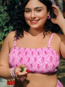 Swim Mod Plus Size Women 2pcs Random Floral Print Swimwear With Removable Straps And Ruffle Hem Bikini Set, Cute Beach Summer Vacation Outfit - Pink - View 5