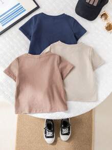 SHEIN 3pcs/Set Baby Boy Summer Color Letter Print Soft Knit Crew Neck Short Sleeve Tops - Navy Blue - View 2