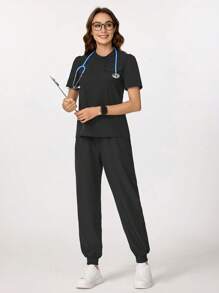 TaskEZ Solid Color Short Sleeve Casual Top & Pants Nursing Scrub Uniform Set - Black - View 4