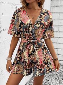 Breezaya Ganzflächig bedruckter Feiertags-Lässig-Romper mit Bindegürtel