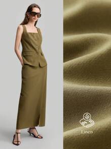 Ontre Conjunto de falda y chaleco de cuello cuadrado, de tela de lino, estilo resort, color verde militar, conjunto de uso diario, conjunto de chaleco sin mangas, traje de mujer