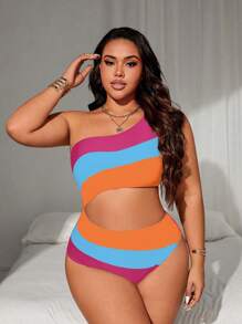 SHEIN Swim Curve Plus Size Women's Color Block Cutout Sexy Casual Vacation Jumper Swimsuit