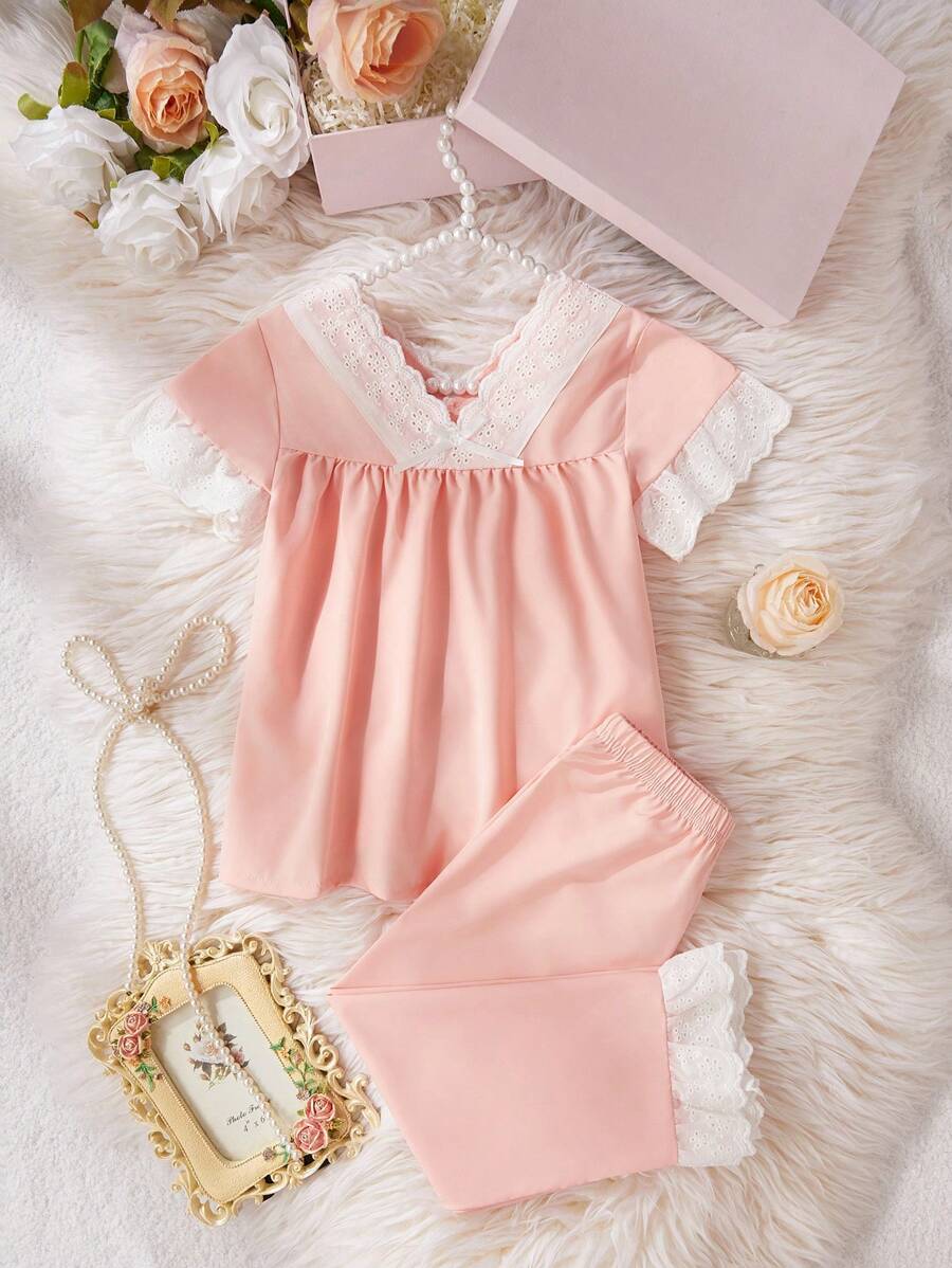 2pcs/Set Young Girl Cute Floral Trim Short Sleeve Top And Loose Comfy Pants Casual Home Outfit Young Girls Clothing Sets Short Sleeve Young Girls Summer Sets - Pink - View 1