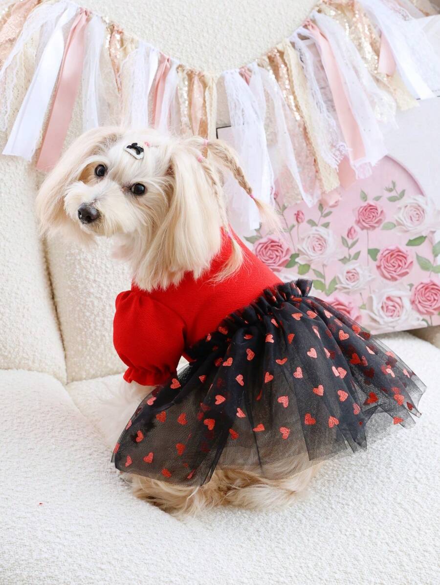 PETSIN 1pc Pet Universal Red Puff Sleeve Patchwork Black Gold Foil Red Heart Print Dog Princess Dress - Red - View 1