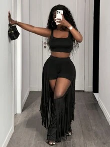 BamGleam 2 件套短款上衣，带有流苏细节和大腿处镂空设计，性感